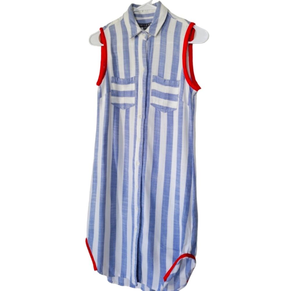 Shangaro Button Down Shirt Dress with Stripes Size 4 Blue White Red Trim